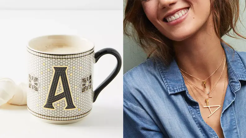 A monogrammed coffee mug and woman wearing a monogrammed necklace at Anthropologie.