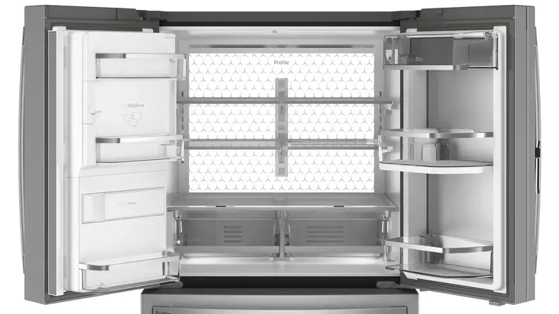 The GE Profile PVD28BYNFS four door French door refrigerator's backlit interior.
