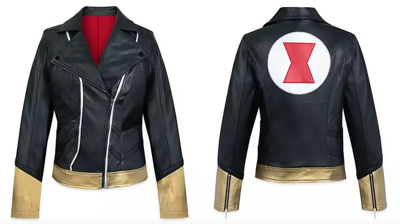 Leather jacket with Black Widow emblem.