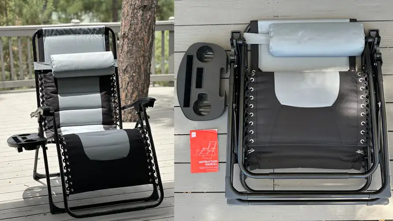 On left, assembled Padded Zero Gravity Chair outdoors on wooden patio deck. On right, collapsed and folded Padded Zero Gravity Chair.