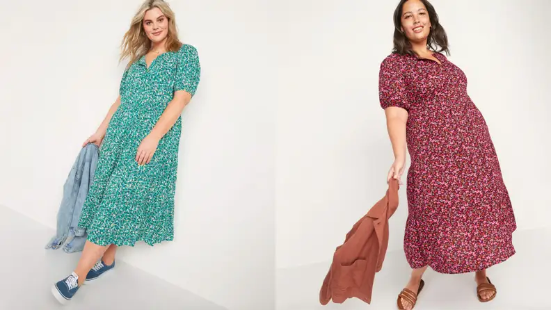 Two models wear green and red floral dresses.