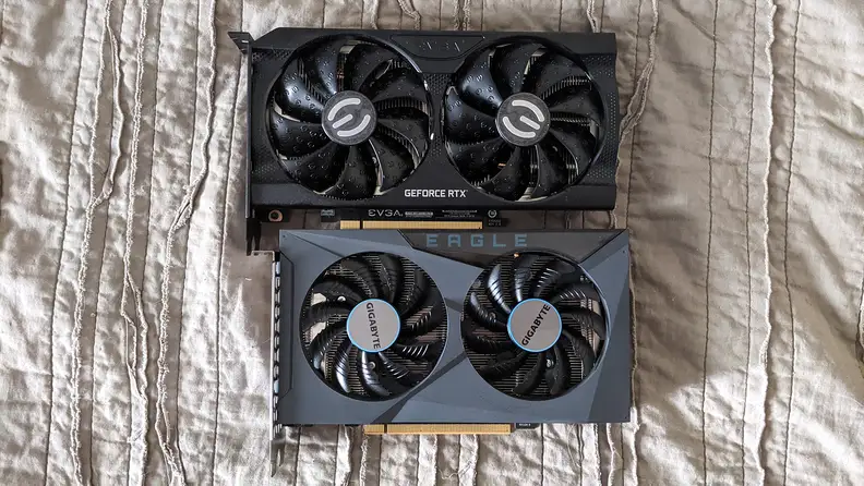 close up of a graphics card on a surface.
