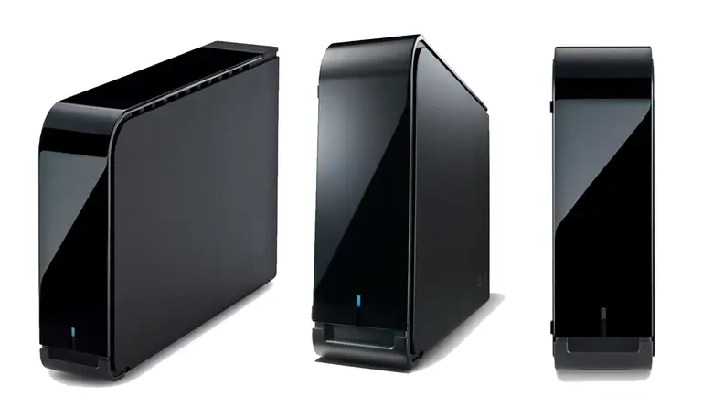 An external hard drive from three angles
