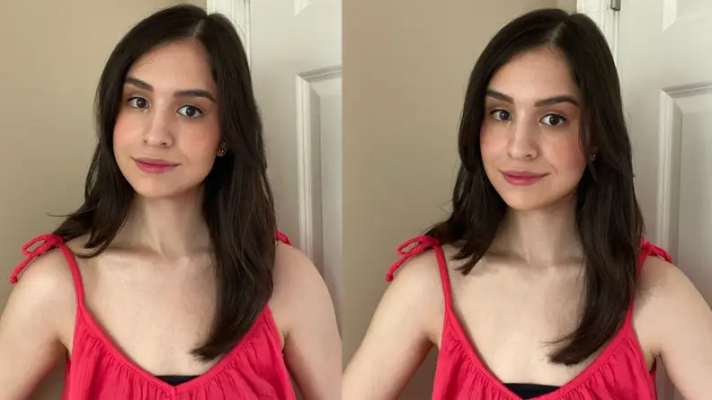 Person poses for picture displaying blush on cheeks and rosy lip color on lips.