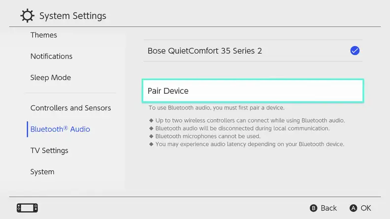 A screenshot of the Bluetooth Audio menu on the Nintendo Switch