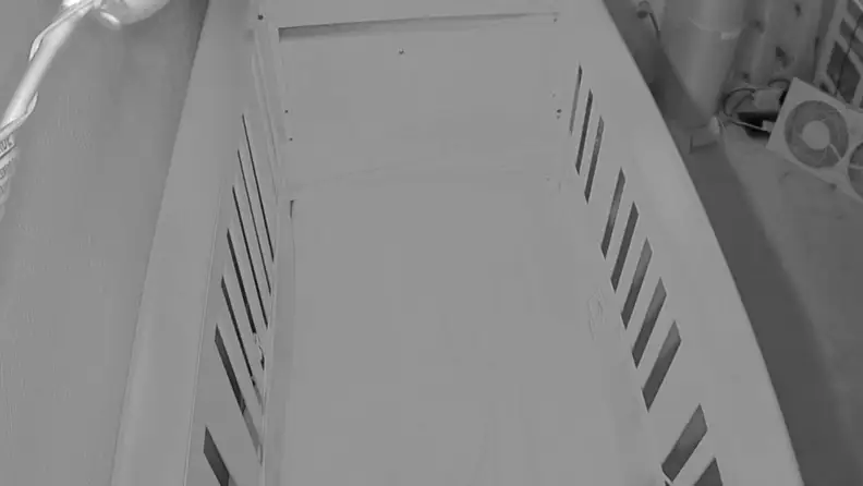 Night vision view of empty crib using the Owlet camera.