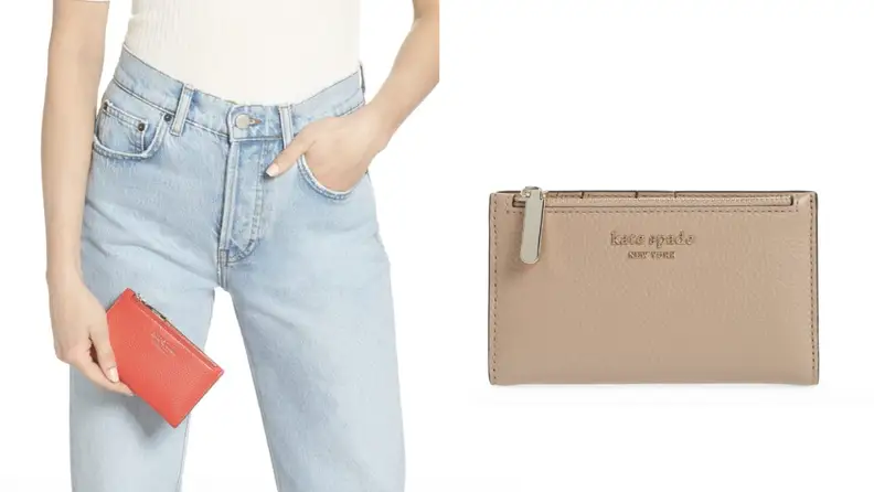 On left, woman displayed peach colored Kate Spade Bradley Pebbled Leather Wallet in her hand. On left, product shot of tan Kate Spade Bradley Pebbled leather wallet.