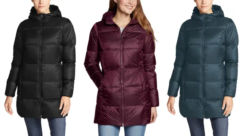 Three models show off different colors of the same Eddie Bauer women's Luna Peak down parka.
