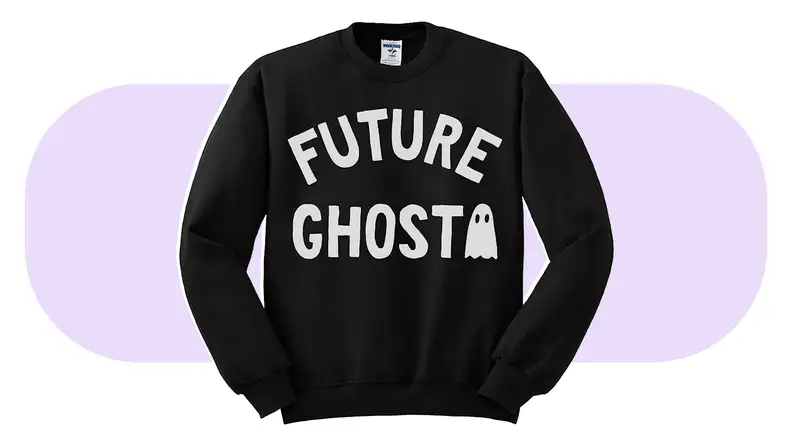 Product shot of black crewneck sweatshirt that reads "Future Ghost"