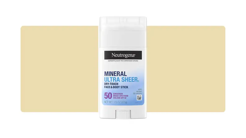 Neutrogena sunscreen stick in front of a yellow background.