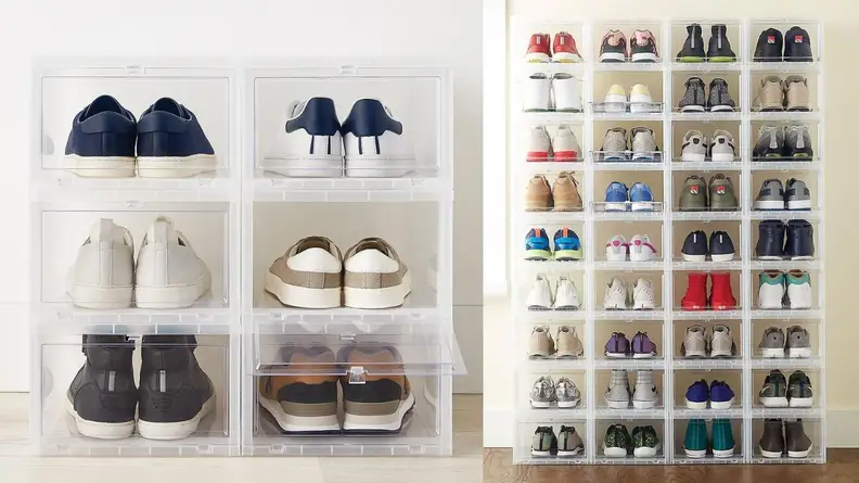 Plastic shoe storage containers against wall with shoes inside.