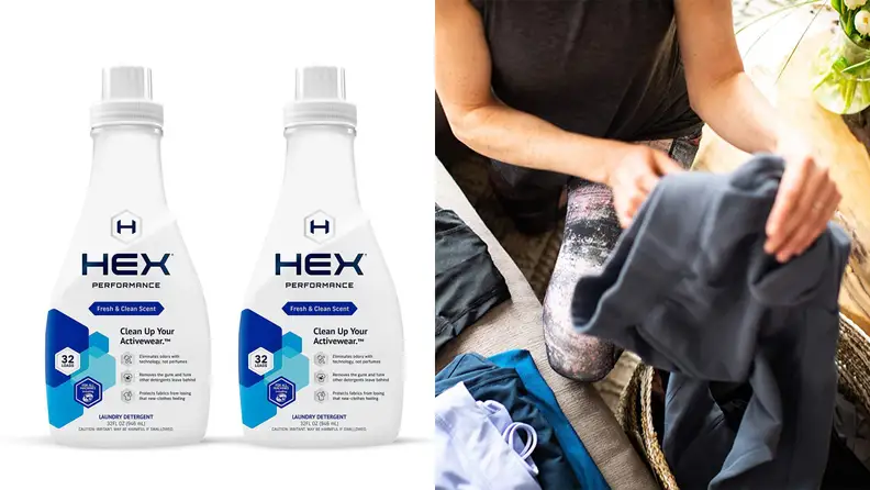 A woman doing laundry with HEX detergent.