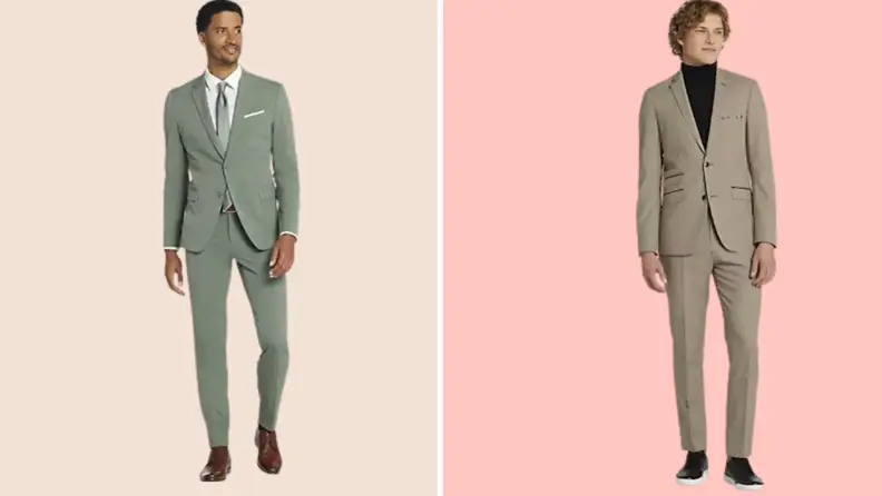 A green suit and a tan checkered suit