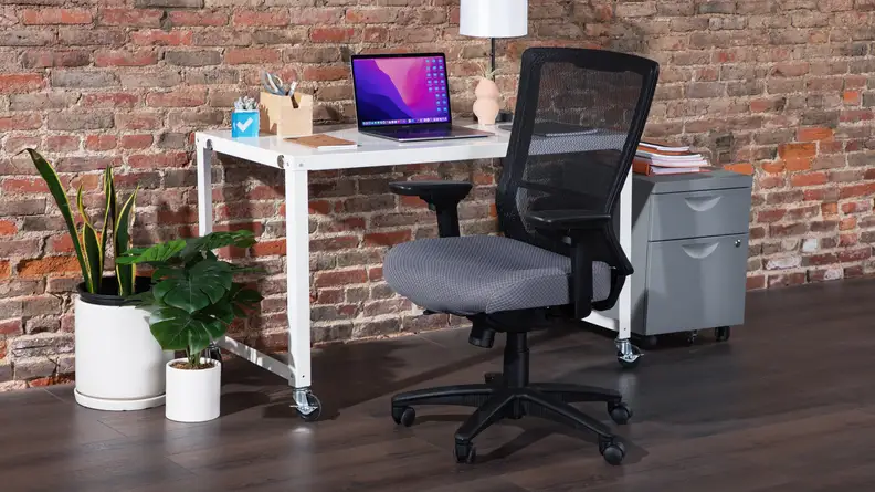 Tempur-Pedic office chair in front of desk with laptop with small file cabinet and potted plants on floor.