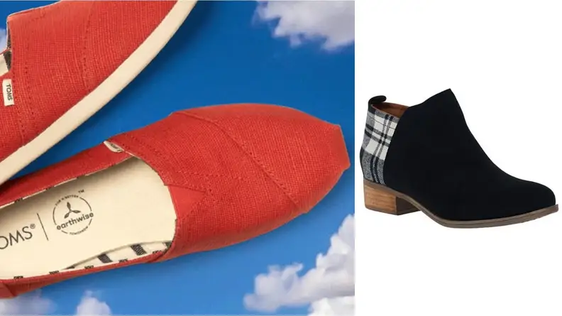 A pair of red Toms slip-on shoe and black ankle boot.