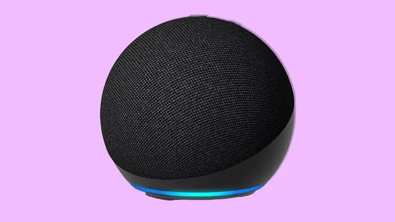 Echo Dot 5th gen. on a fuchsia background.