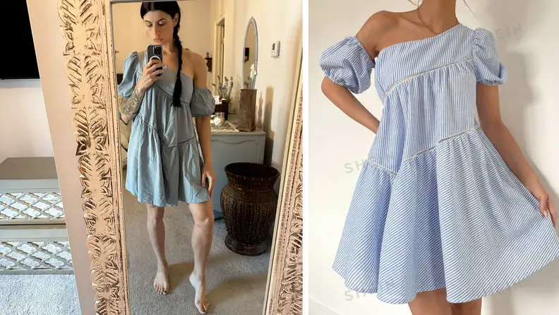 Two women wearing the same blue Shein dress.
