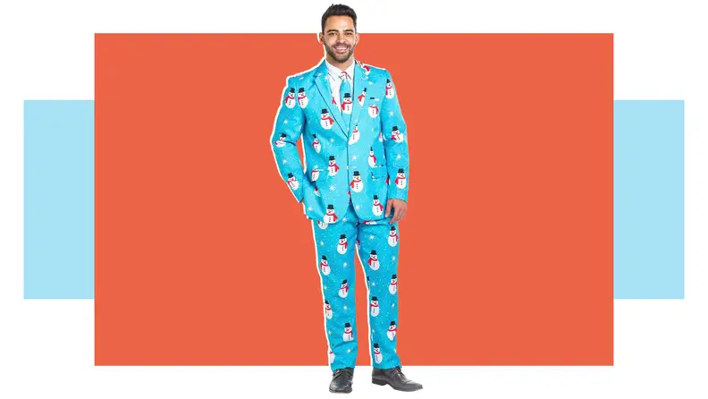 A man in a snowman patterned suit.