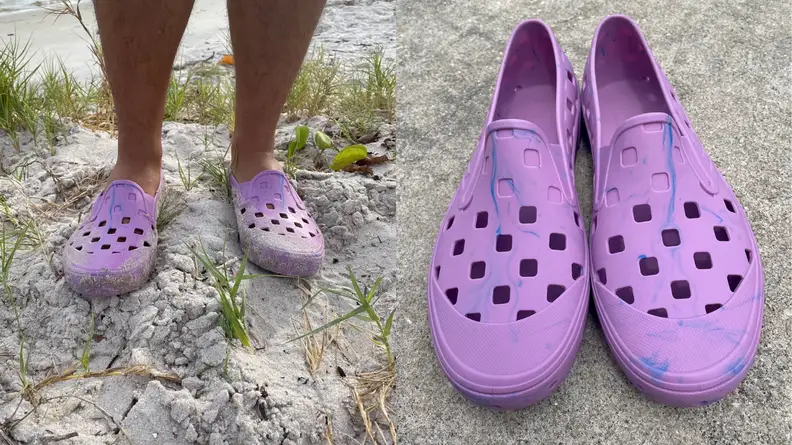 man wearing Vans Trek Slip-Ons, pair of Vans Trek Slip-On shoes uppers