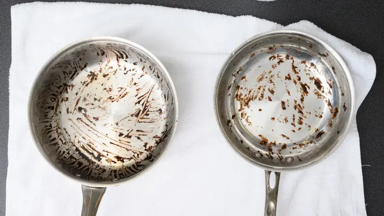 The pot with the tomato sauce stain (left) and the skillet with the brownie stain (right) soaked for an hour, and were then lightly hand-scrubbed.
