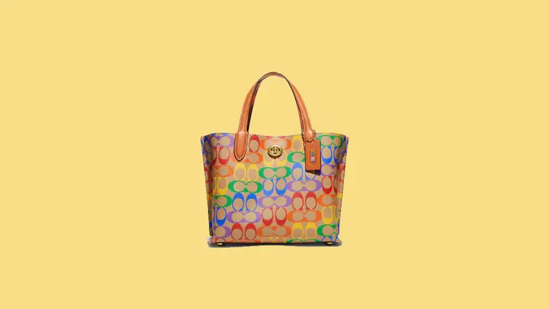rainbow printed purse on yellow background