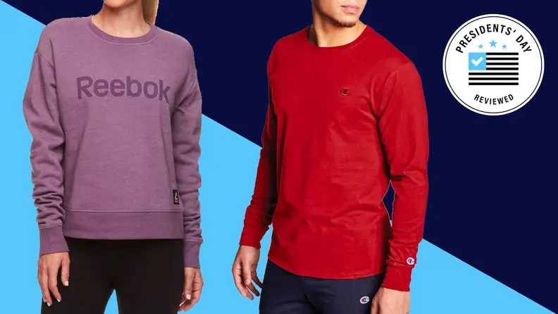 Models wearing purple and red long sleeve shirts.