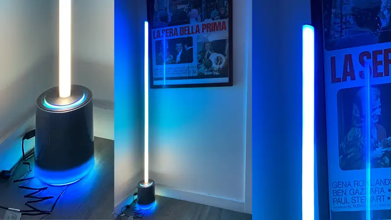 A three-up image of a new-age floor lamp