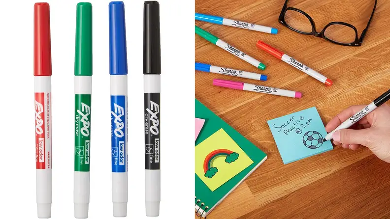 On the left: 4 dry erase markers on a white background. On the right: A person's hand writing on a post it note with a Sharpie pen
