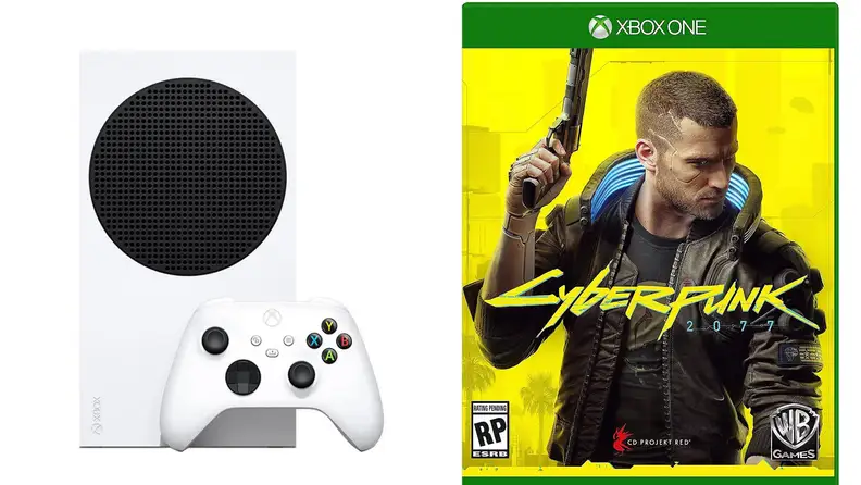 A split image of an Xbox Series S and Cyberpunk 2077 for Xbox, both of which you can get on the QVC website.