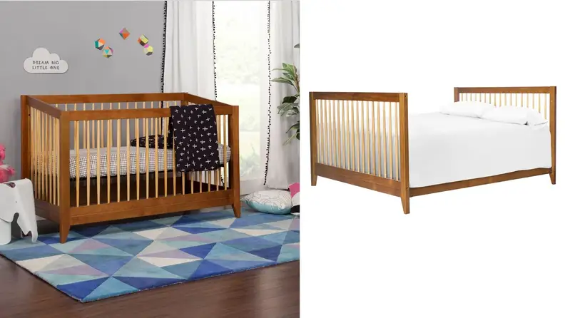 On one side a wooden crib and on the other side it has transformed into a twin bed