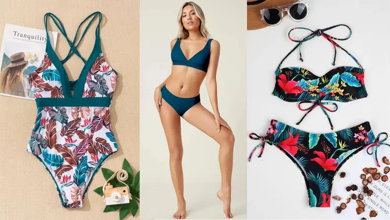 A one-piece tropical-print swimsuit (left), a model wearing a teal bikini (middle), a floral-print bikini (right)