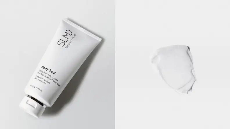 A tube of SLMD Body Seal cream and a smear of the cream
