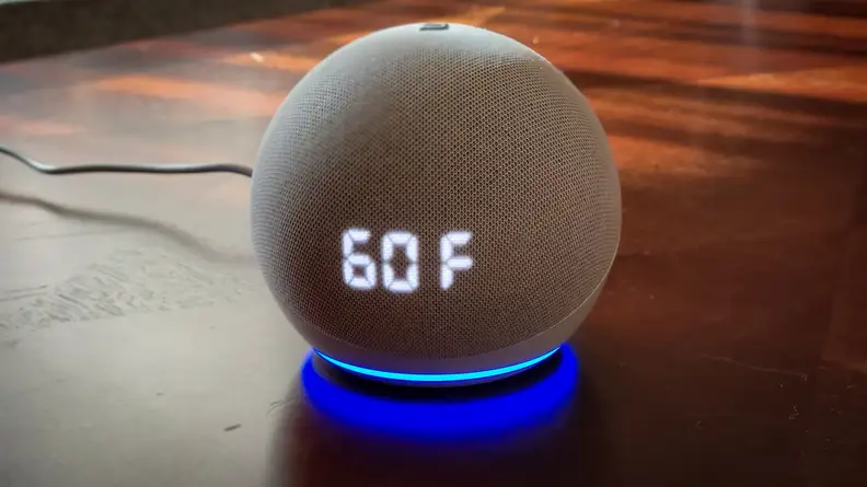 Echo Dot with Clock showing current temperature