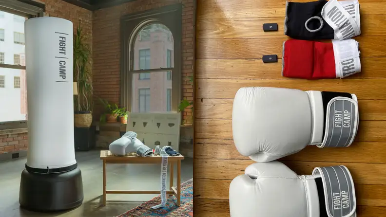left: fightcamp punching bag. right: fightcamp trackers, quick wraps, and boxing gloves.