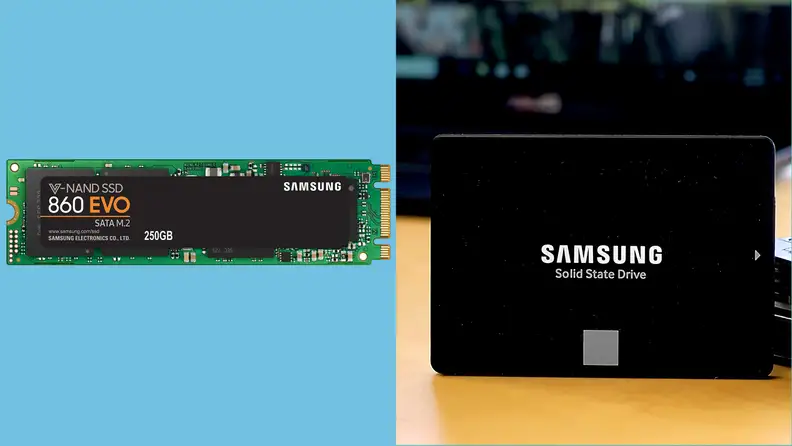 Left: the Samsung 860 EVO in an M.2 form factor. Right: the same thing in a 2.5-inch drive