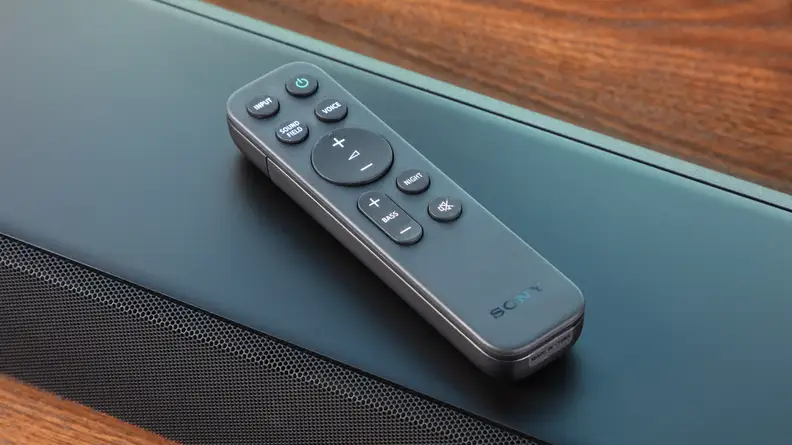 The HT-S2000 soundbar with a remote sitting on top of the soundbar.