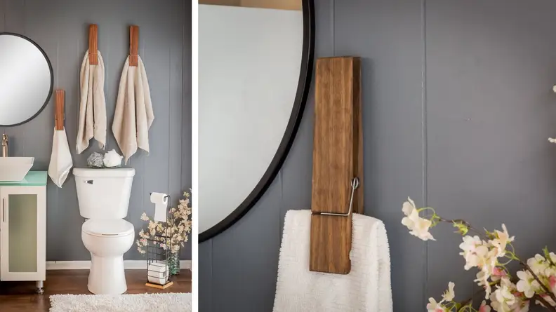 jumbo clothespin towel holder mounted on wall