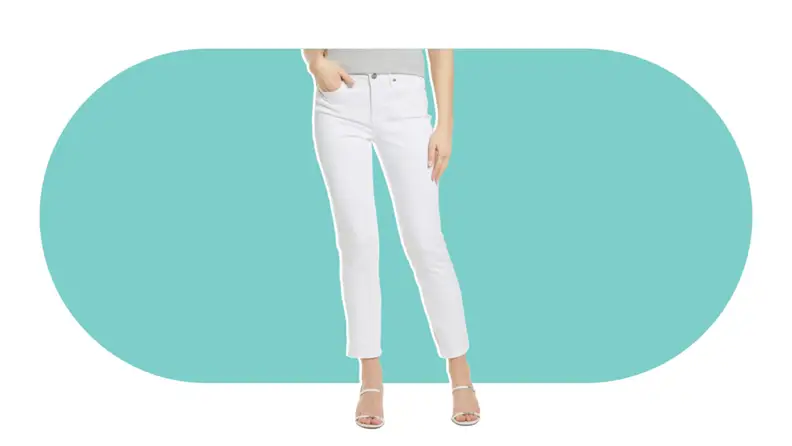 A model wearing the NYDJ Sheri Side Slit Slim Ankle Jeans in white.