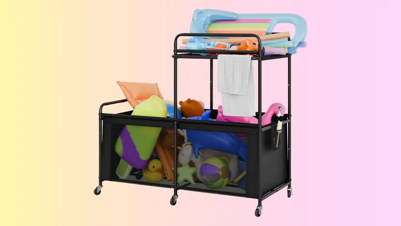 The 340-gallon rolling bin has a mesh body and wheels for moving it in and out of the garage