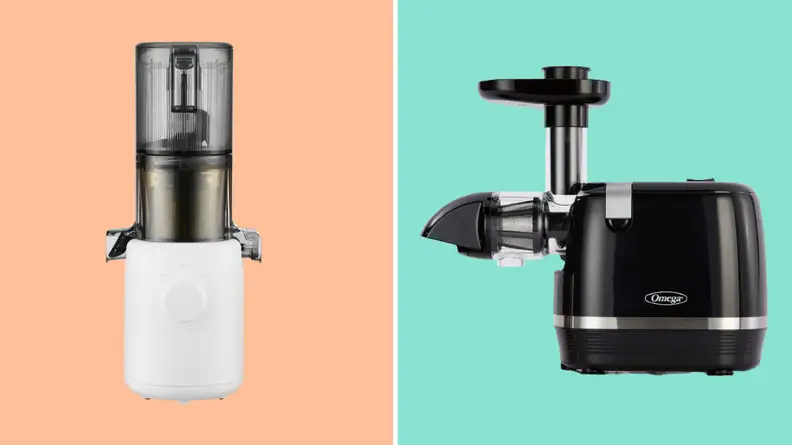Two juicers against peach and teal backgrounds