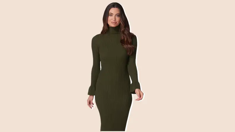 Photo of a woman wearing a sage green turtleneck dress from Bebe sold at Macy's.