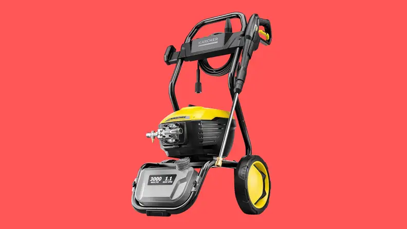 A pressure washer on a dark coral red background