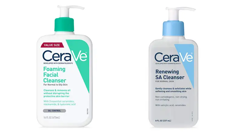 The CeraVe Foaming Facial Cleanser and the CeraVe Renewing SA Cleanser