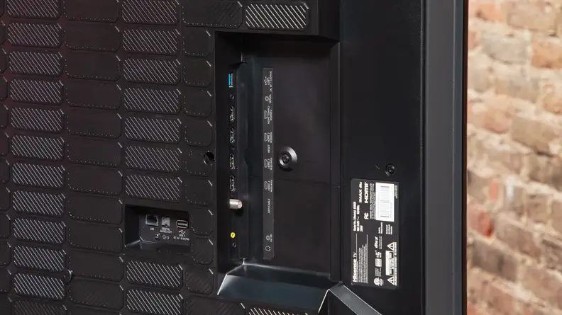 A close-up of the Hisense U8N's connectivity ports on the back of its panel