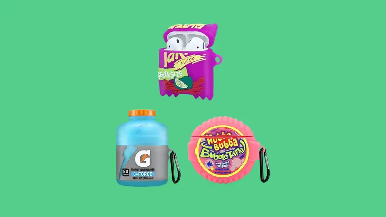 Three funny protective Airpod cases made to resemble different food products, including a bag of Takis, a bottle of G-Force power drink, and a case of Hubba Hubba Bubble Tape, arrayed on a green background.