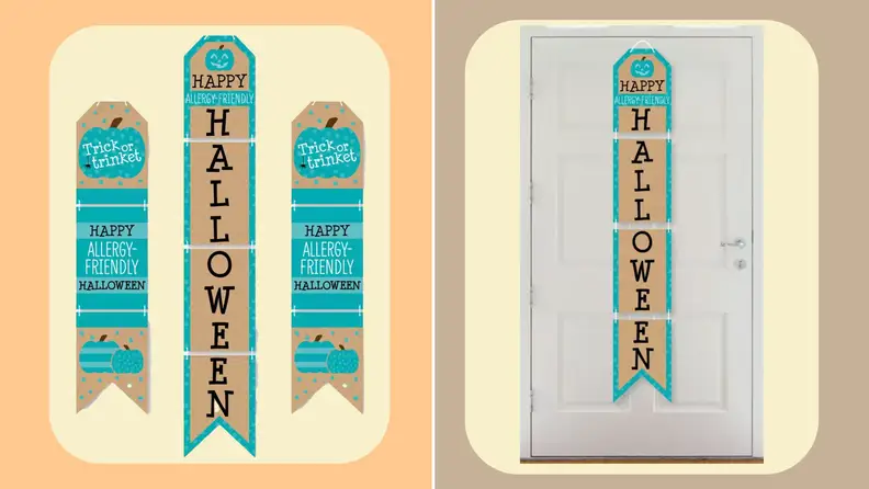 Three slim vertical teal and tan welcome door banners that advertise allergy-free snacks.