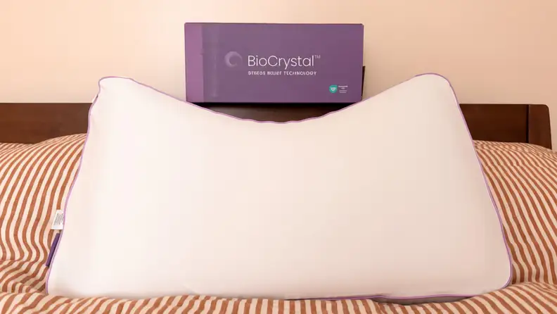 Layla BioCrystal Side Sleeper Pillow sitting upright on a bed with tan and red striped sheets with purple packaging above.