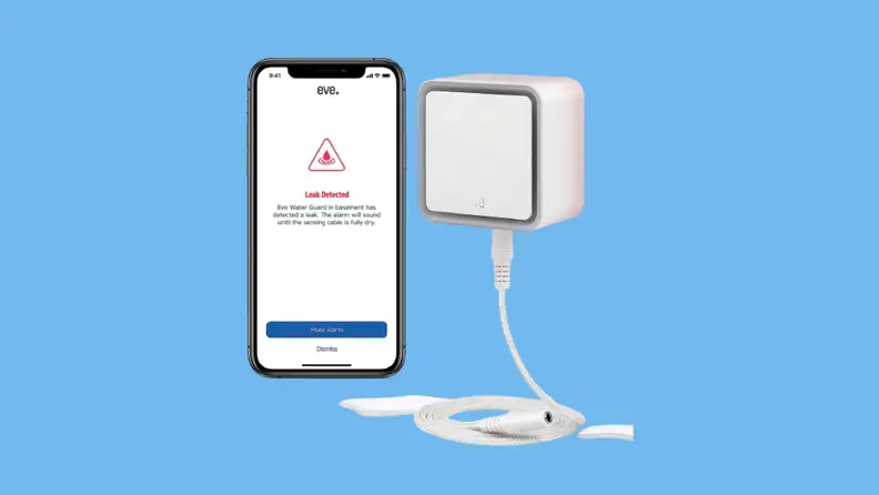 The Eve Water Guard next to an iPhone displaying water leak alerts