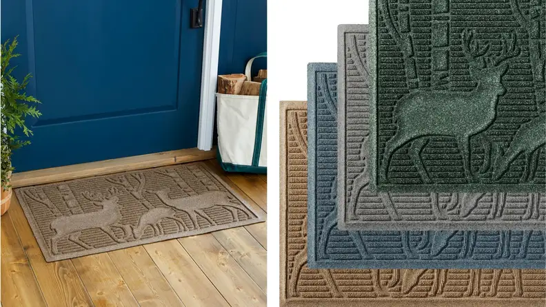 A winter-themed welcome mat with a deer.