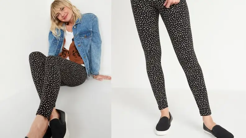 On the left, a blond model sits leaning back, wearing a jean jacket and black-and-white, polka-dotted leggings. To the right, we see what the leggings look like when the model stands up.